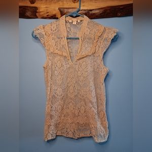 Miss Bison Sheer Lace Blouse - Beige - Small - Made in USA